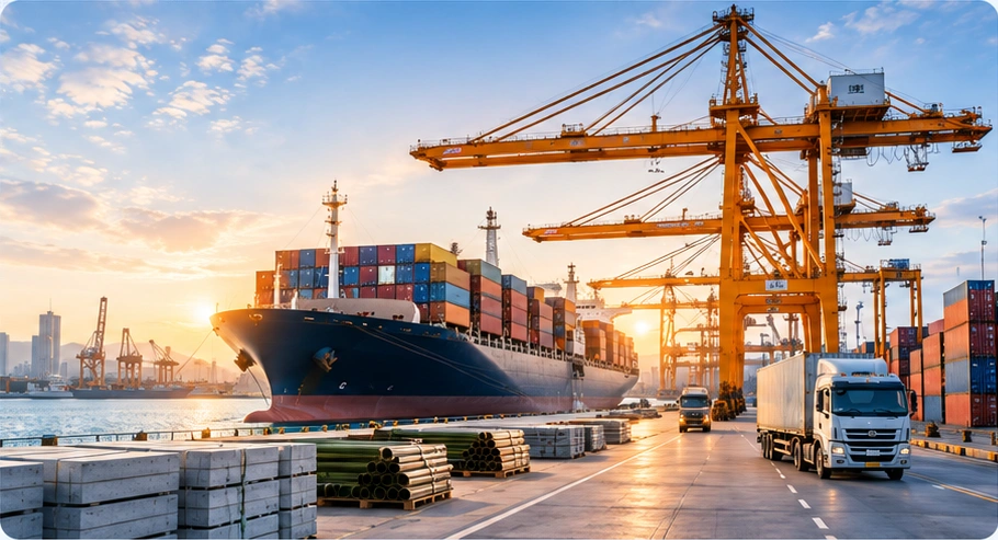 Container ship, cargo cranes and trucks at a port at sunset